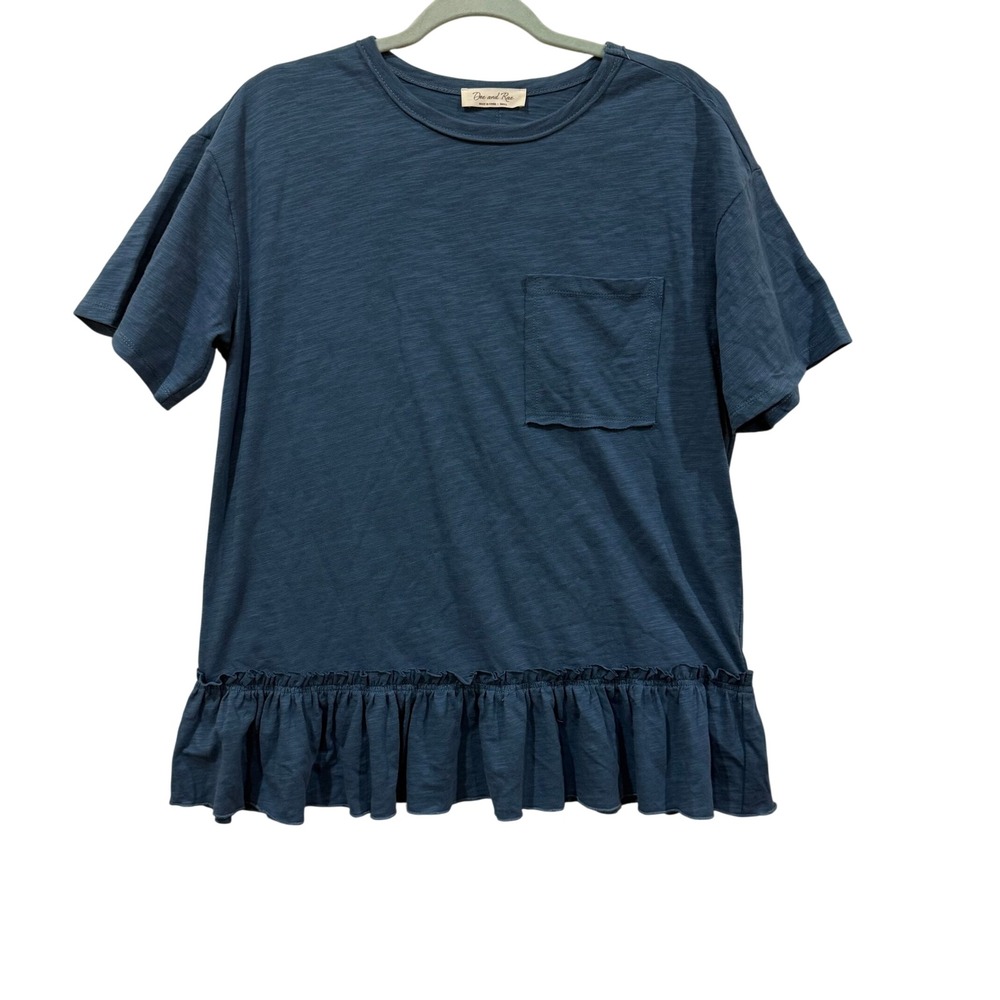 Doe and Rae Blue Slub Knit Peplum Ruffle Hem Pocket T-Shirt Womens Small